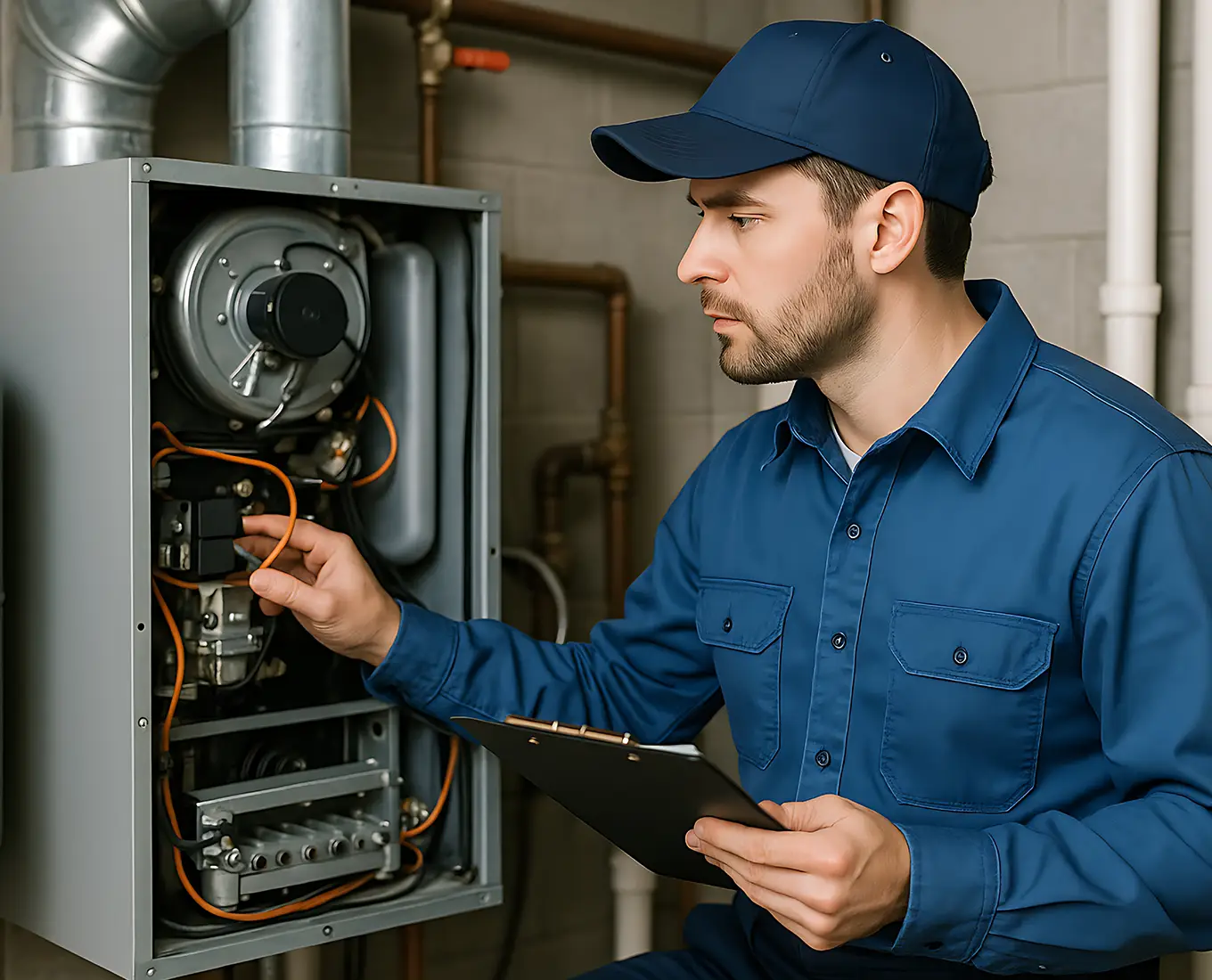 HVAC technician performing furnace repair and diagnostic service in Farmington, MO.