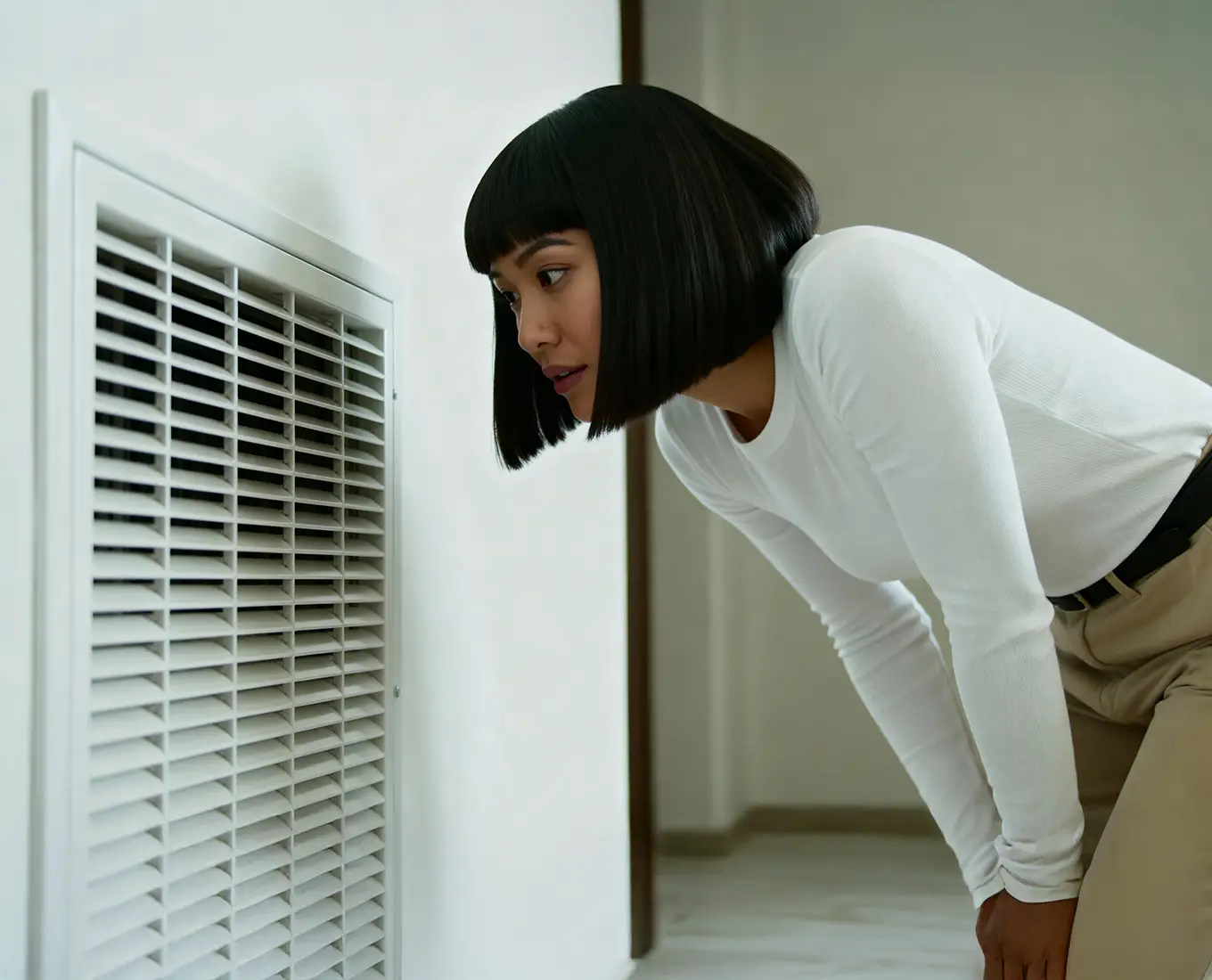 Homeowner inspecting heating vent before scheduling furnace repair in Farmington, MO.